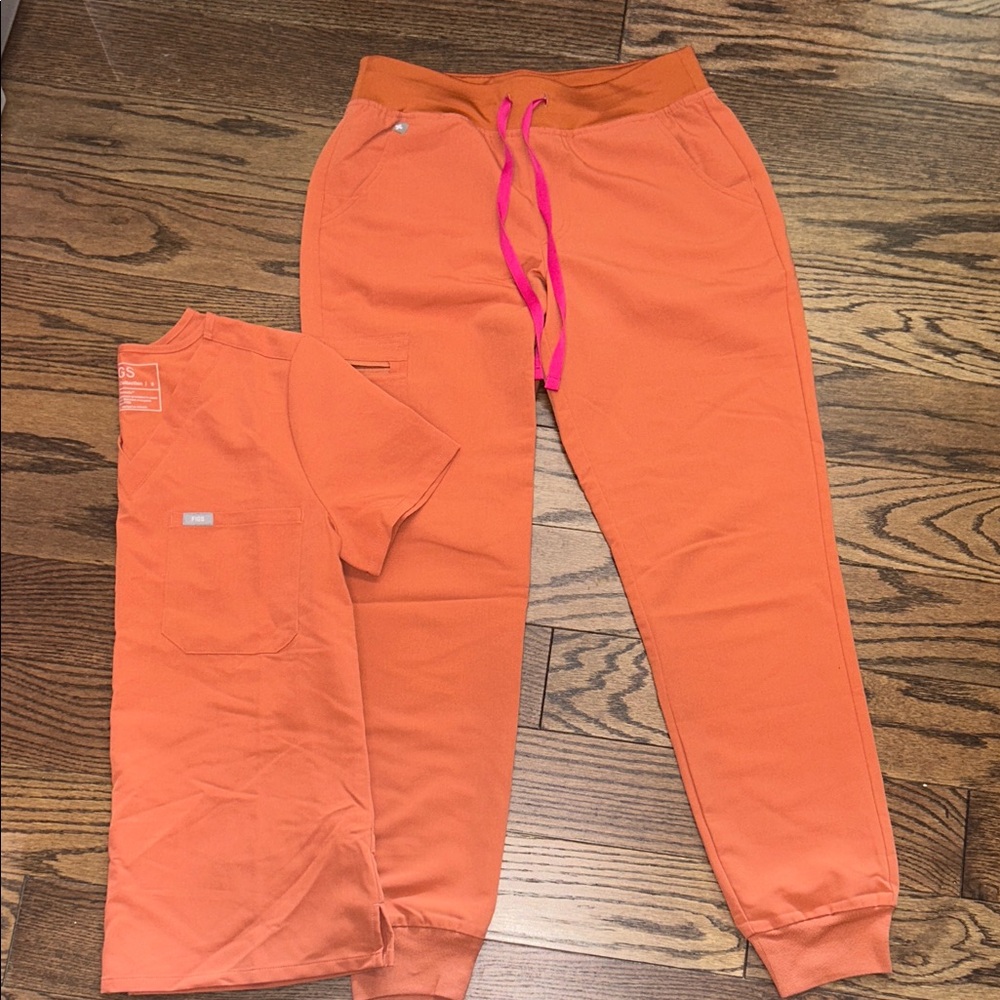 Figs Terracotta Orange Joggers with Pink Drawstring